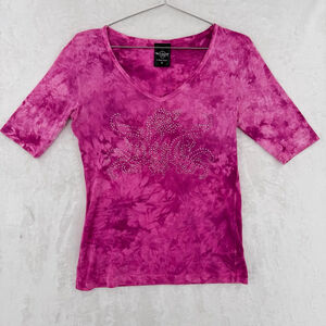 VintageY2K Sledge USA Tee Fuchsia Tie Dye Rhinestone Design Cotton Made in USA